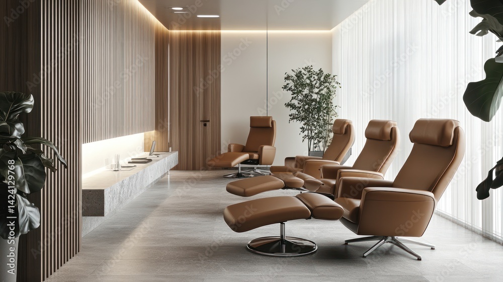 Fototapeta premium Relaxing Modern Lounge: Brown Leather Recliners in a Luxurious Minimalist Setting