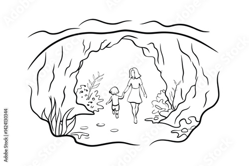 Mother and child walking hand in hand through a forest glade simple outline
