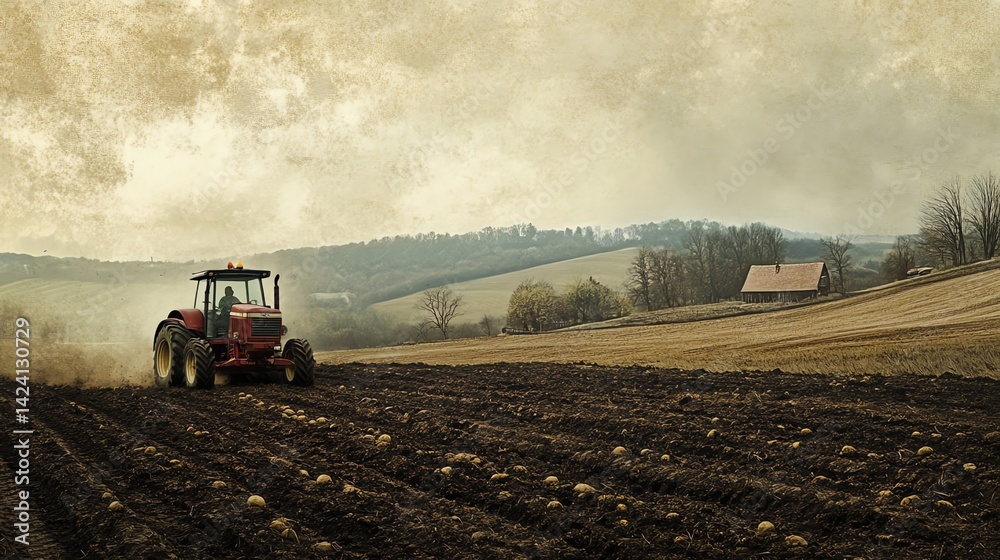 Fototapeta premium Tractor Plowing Field in Rural Landscape with Farmhouse on Hill