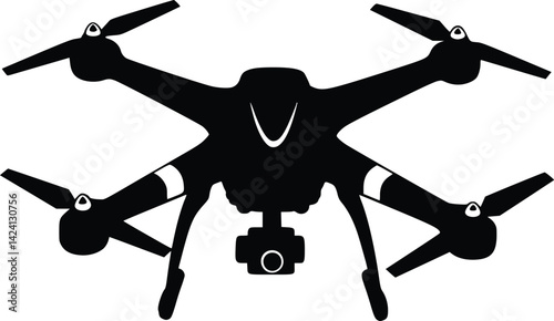 Black and white vector silhouette of a quadcopter drone with four propellers and a mounted camera, depicting modern aerial technology