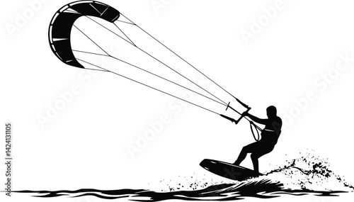 Black and white vector silhouette of a kitesurfer riding the waves, holding onto a large kite in mid-air