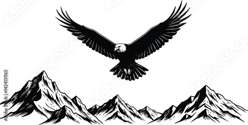 Black and white vector silhouette of a majestic eagle soaring above rugged mountain peaks, symbolizing freedom and strength in nature