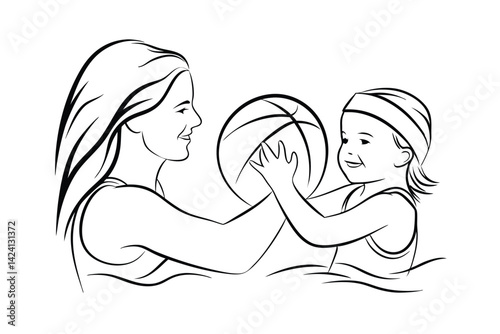 Mother and daughter playing with a basketball together outline vector illustration