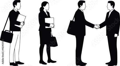 Black and white vector silhouette of four business professionals engaged in discussion, symbolizing teamwork, negotiation, and corporate collaboration
