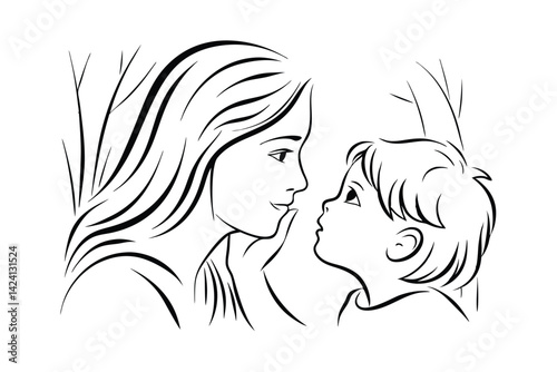Tender motherhood moment black and white line art illustration of love and connection with child