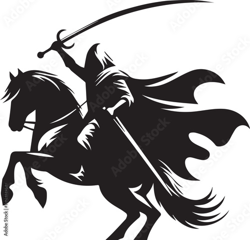 Silhouette of Medieval Warrior on Horse with Sword – Vector Art