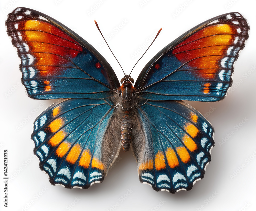 Fototapeta premium A colorful butterfly with wings fully open, symmetrically displayed on a white backdrop