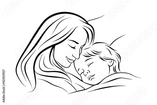 Gentle mother embracing sleeping baby line art illustration motherhood love affection family
