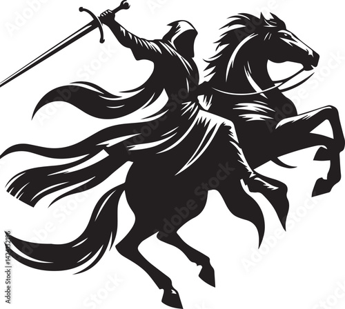 Silhouette of Medieval Warrior on Horse with Sword – Vector Art