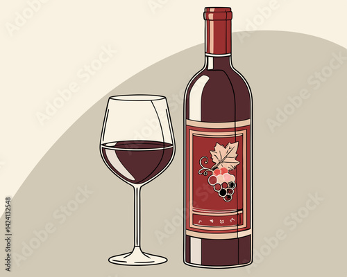 Red wine bottle and glass against abstract background  