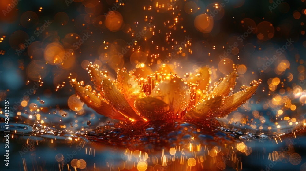 Obraz premium Droplets fall around a blossom, highlighting nature's beauty at dusk