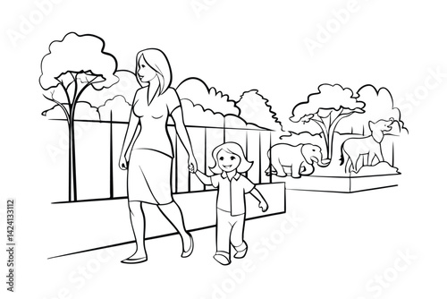 Mother and daughter at the zoo outlined walking together viewing animals
