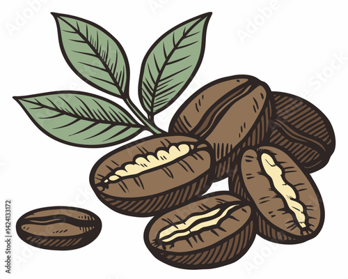Coffee Beans with Leaves Illustrating Freshness and Quality  