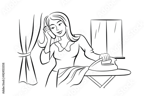 Black and white line art of woman ironing while talking on the phone at home