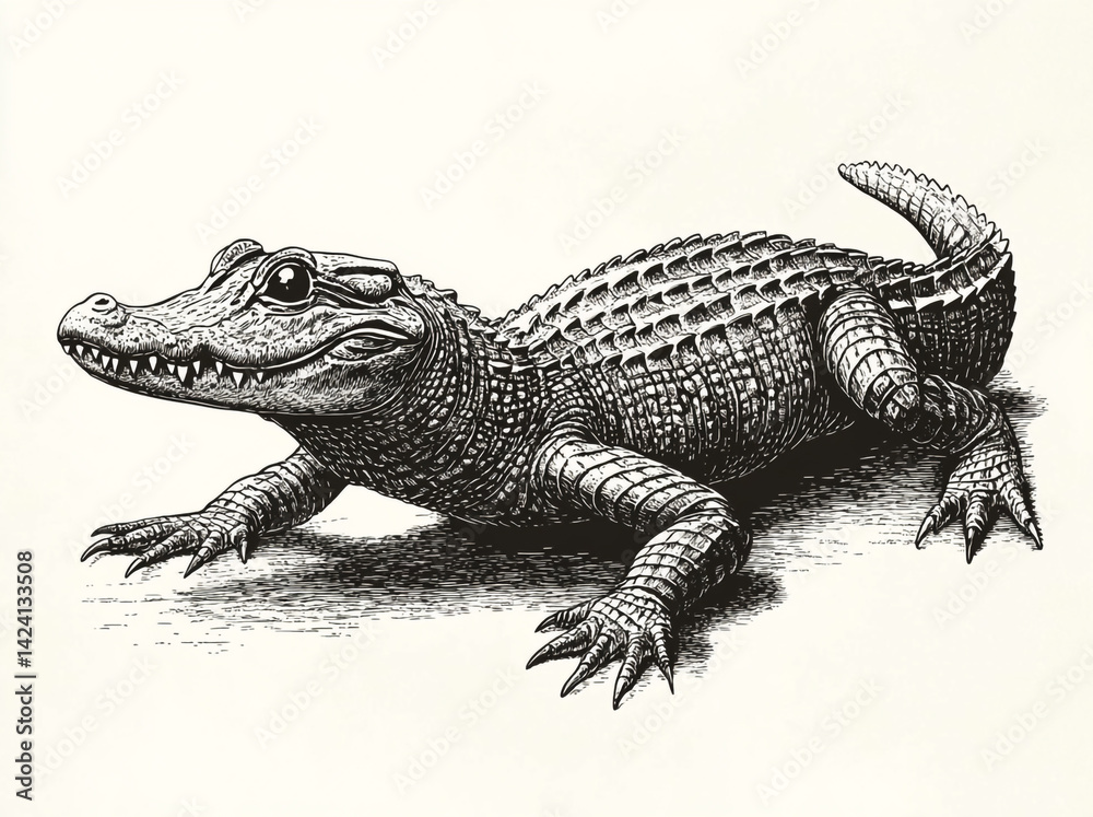Obraz premium Detailed black and white drawing of an alligator with scales and sharp teeth on a white backdrop
