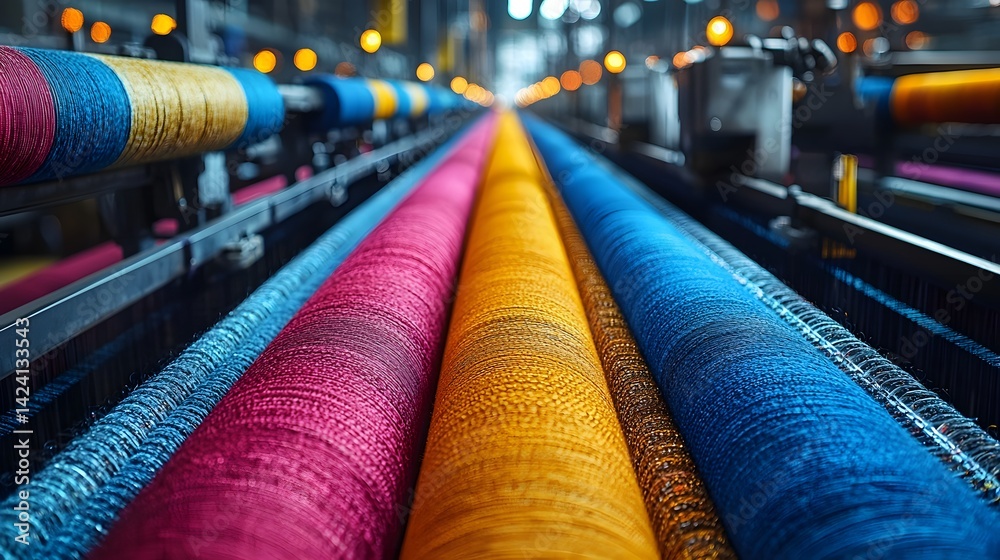 Rows of weaving producing vibrant fabrics in a textile factory