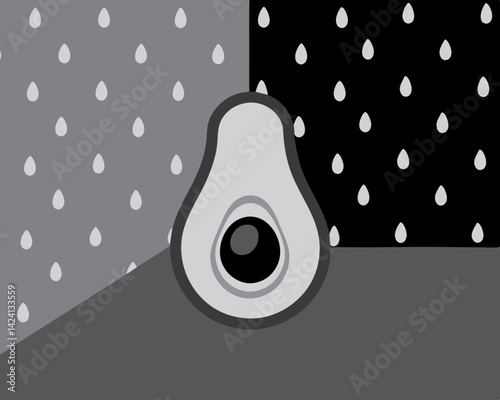Avocado illustration against abstract rain-patterned background  