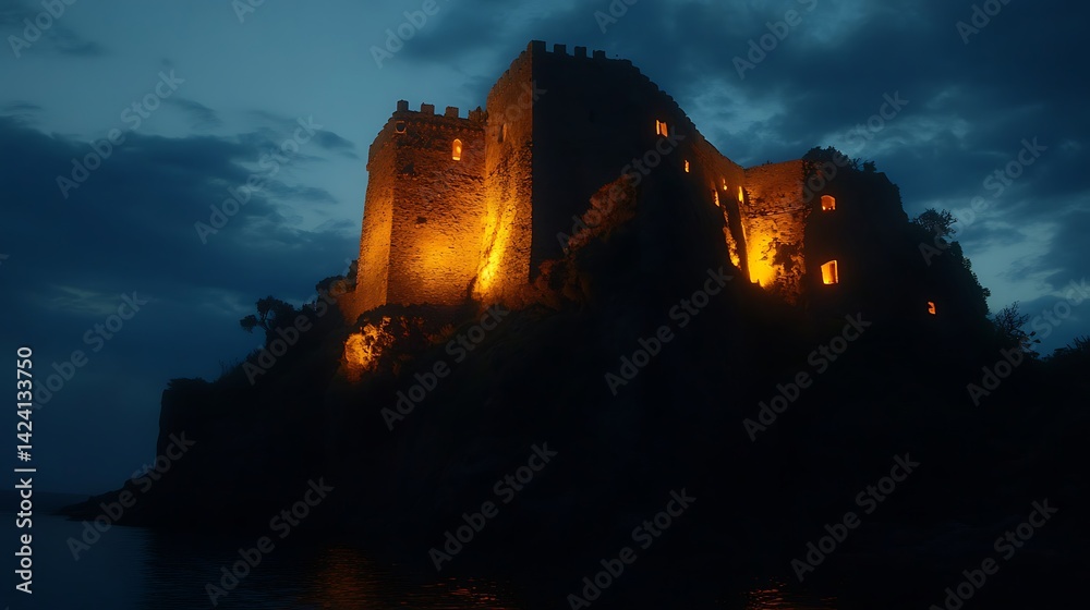 Fototapeta premium Illuminated ancient castle at twilight