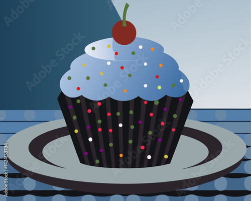 Cupcake with Blue Frosting and Cherry on Decorative Plate  