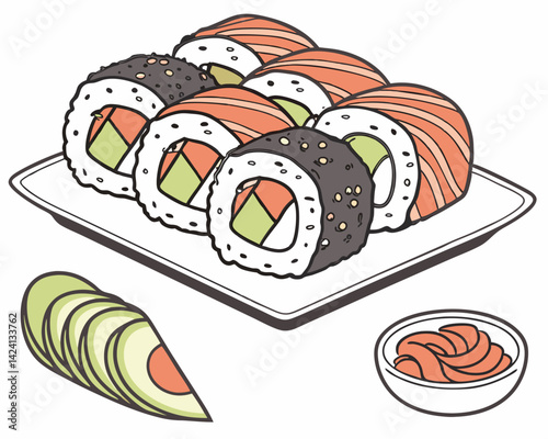 Sushi rolls with avocado and salmon on a plate  