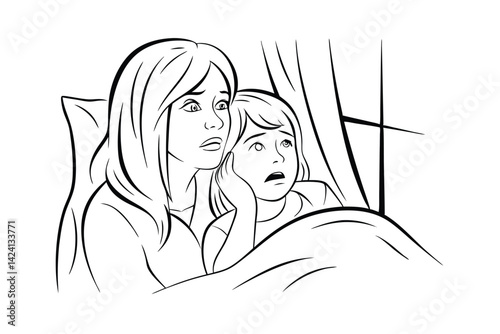 Mother and child scared in bed hearing a noise outline illustration vector
