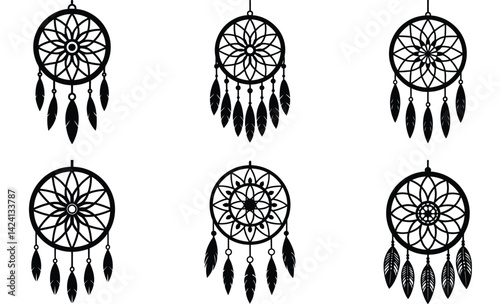 Dreamcatcher hanging silhouette black vector art design set