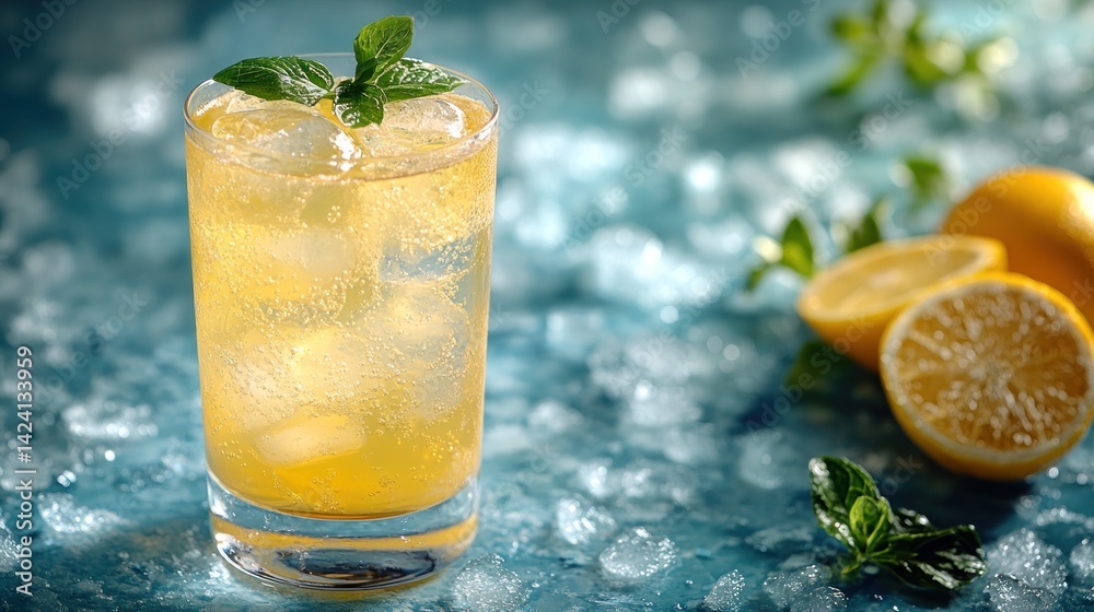 Fototapeta premium Zesty drink garnished with fresh mint and lemon slices on a bed of ice