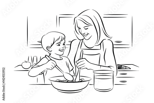 Outline illustration mother and son baking together in the kitchen happy moments