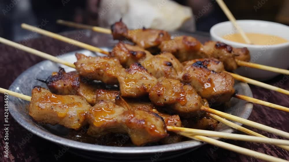 Close-up of grilled meat skewers on pewter plate with dipping sauce, juicy glazed barbeque pork bites Close-up of grilled meat skewers on pewter plate with dipping sauce, juicy glazed barbeque pork bites