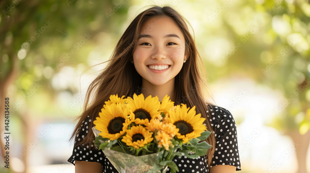 A young Asian woman holding her sunflowers bouquet with a smile on her face.
