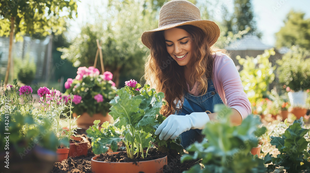 A young woman is gardening in an outdoor space, planting flowers and vegetables.