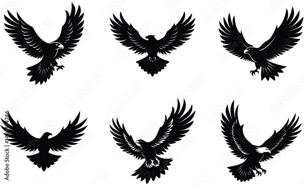 Fototapeta premium Eagle soaring high silhouette black vector art design set 