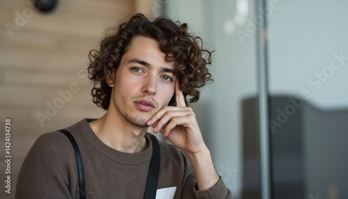 Portrait Of A Young Man With Curly Hair In Thoughtful Expression