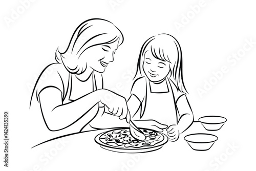 Mom and daughter baking pizza together outline illustration happy family activity culinary concept