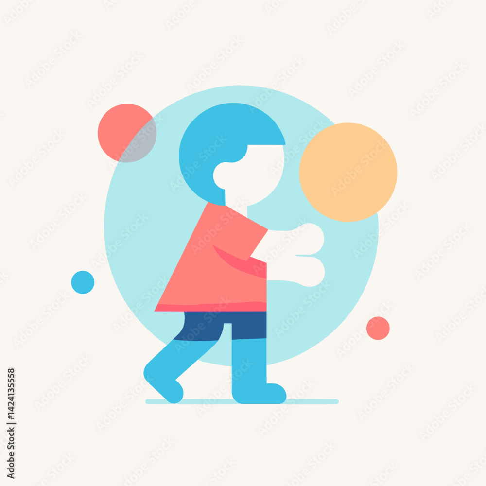 Child playing with a ball, walking, in a colorful abstract background Child playing with a ball, walking, in a colorful abstract background