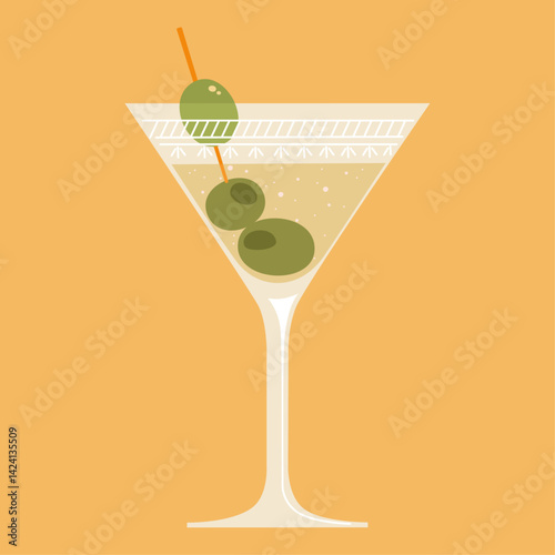 Martini cocktail. Vector illustration of elegant drink in martini glass with olive.