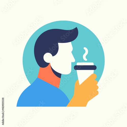 Man Drinking Coffee Savoring Aroma Against Simple Background  