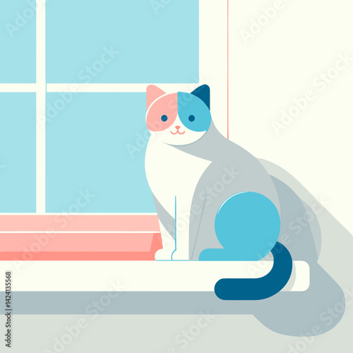 Cat on a Windowsill Sitting Calmly in a Minimalist Room  