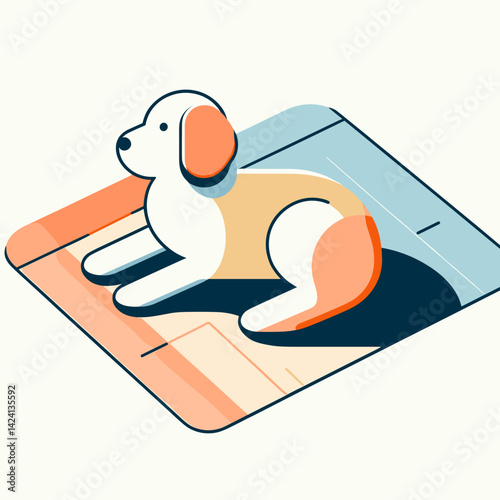Dog lying on a rug in a minimalistic style with pastel colors  