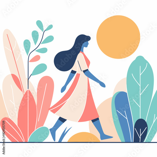 Woman walking through a garden in a colorful style  