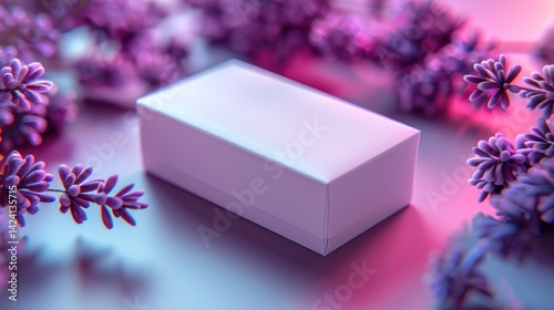 A blank box nestled among vibrant lavender flowers under soft, colorful lighting