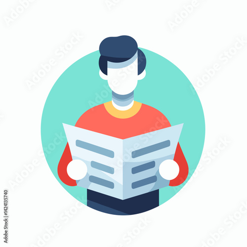 Man Reading a Newspaper in a Flat Design Style Against a Blue Background  