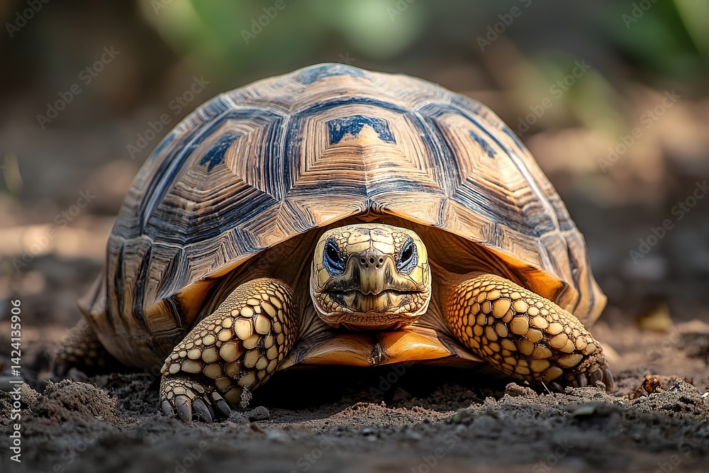 Obraz premium A slow-moving tortoise with a patterned shell, resting on the ground, exuding tranquility