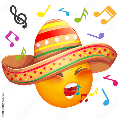 Funny emoji singing in sombrero. Cute Mexican emoticon wearing sombrero on white background.