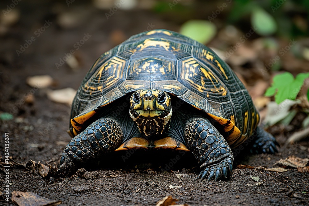 Obraz premium A slow-moving tortoise with a patterned shell, resting on the ground, exuding tranquility
