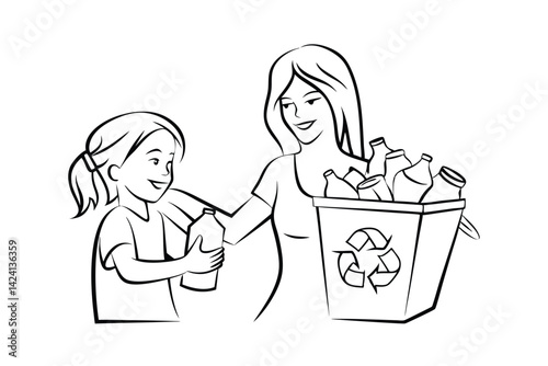 Mother and daughter recycling plastic bottles line art illustration in vector format
