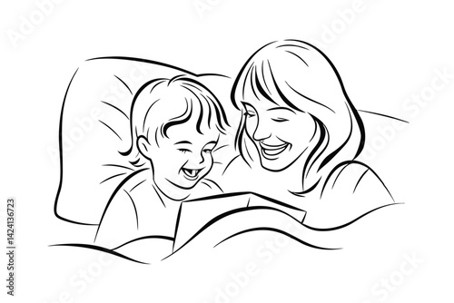 Mother and child reading a book in bed simple line art illustration