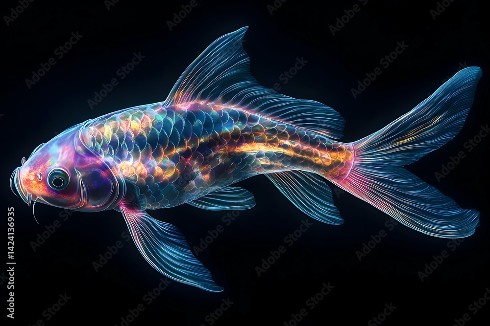 A vibrant, luminous koi fish, highlighting intricate scales and fins. A vibrant, luminous koi fish, highlighting intricate scales and fins.