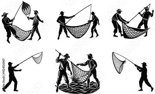 Fishermen casting net silhouette black vector art design set
