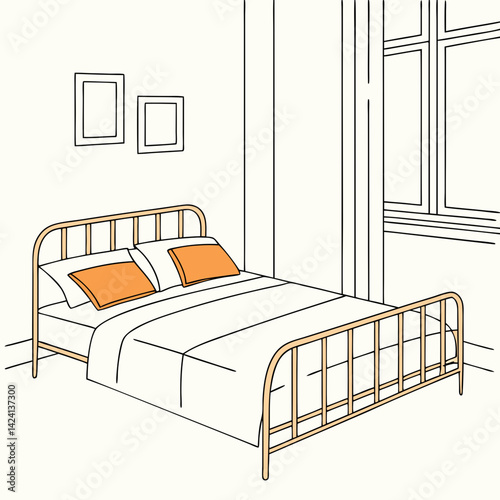 The image shows a minimalist bedroom interior. The focal point is a neatly made bed with a light-colored duvet and two orange square pillows. The bed has a light orange-brown wooden frame. The